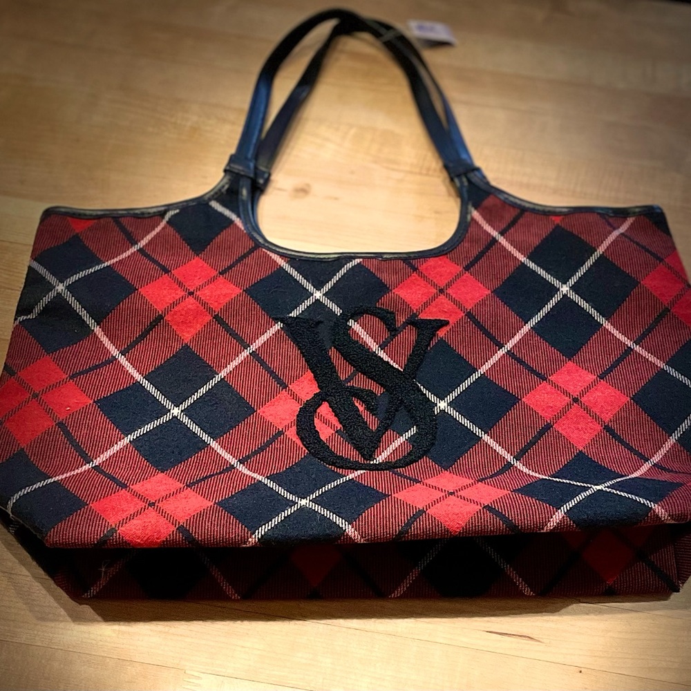 Victoria's Secret Limited Edition 2023 Red and Black Plaid Holiday Tote Bag